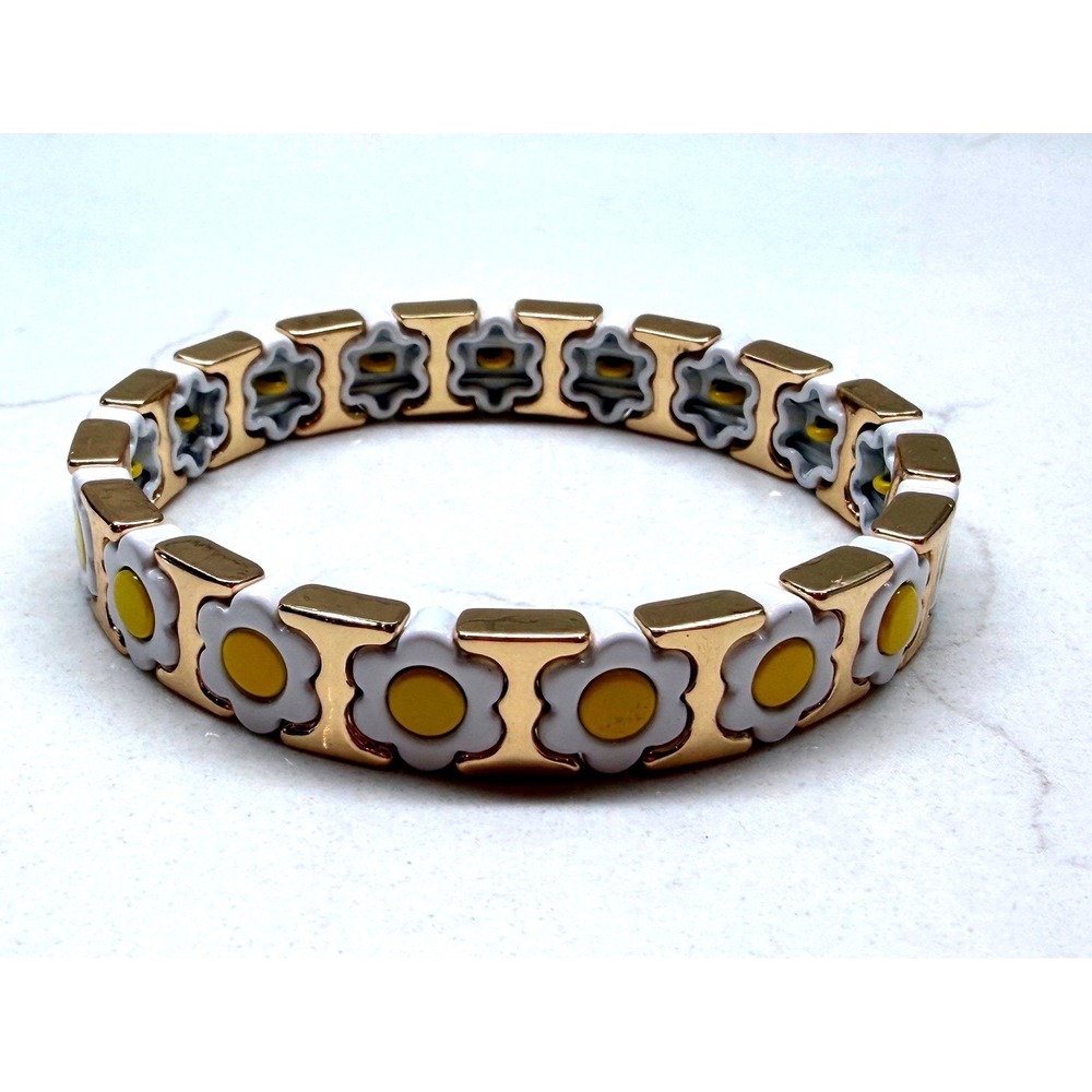 Daisy Stretch Bracelet Gold White Yellow Enamel Floral Logo NWOT